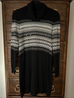 LOFT Black Cowl Neck Fair Isle Sweater Dress, Size S